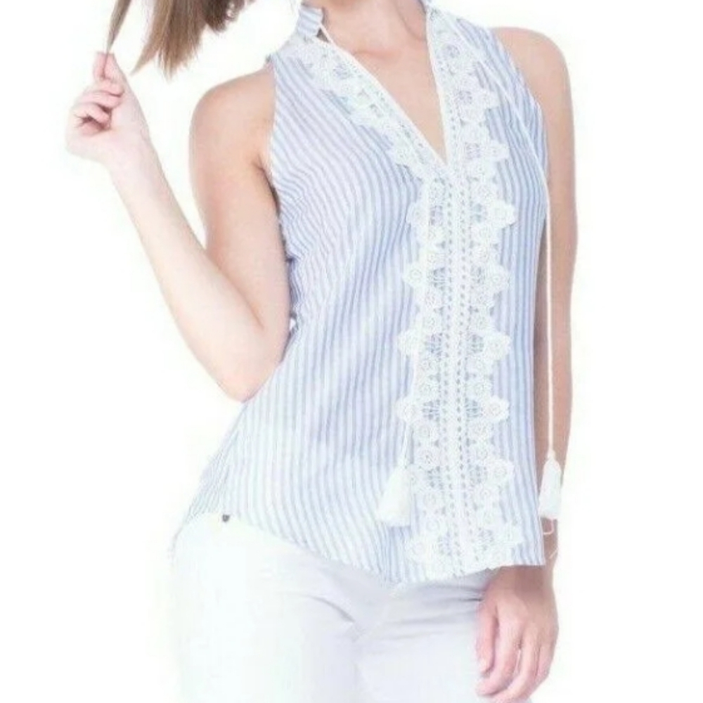 ATINA Top Sixe XS Sleeveless V-neck Embroidered LaceTrim Cord & Tassel f…